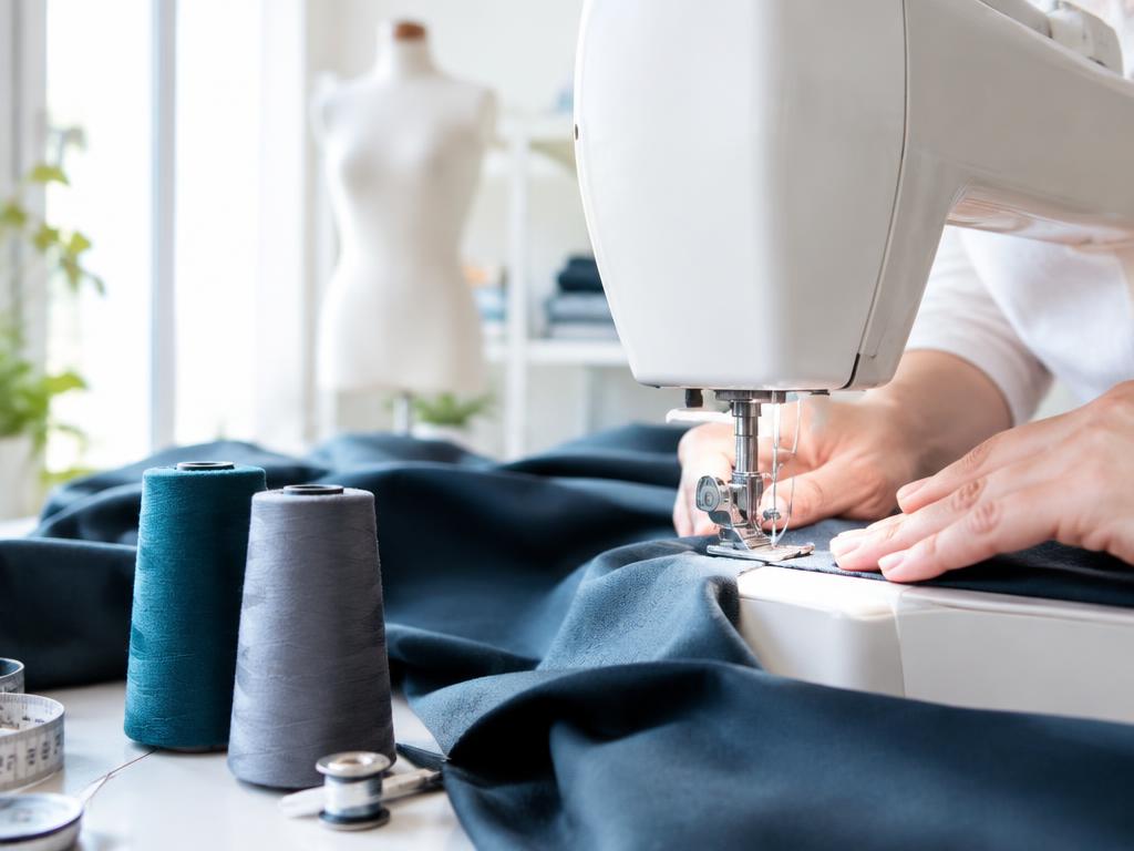 Mãos costurando tecido azul em uma máquina de costura