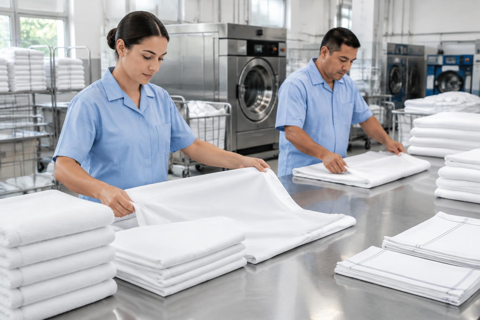 Imagem ilustrativa de equipe organizando enxovais em uma lavanderia empresarial